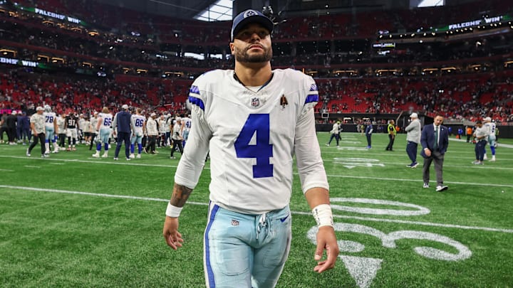 Nov 3, 2024; Atlanta, Georgia, USA; Dallas Cowboys quarterback Dak Prescott (4) walks off the field after a game against the Atlanta Falcons at Mercedes-Benz Stadium. Mandatory Credit: Brett Davis-Imagn Images
