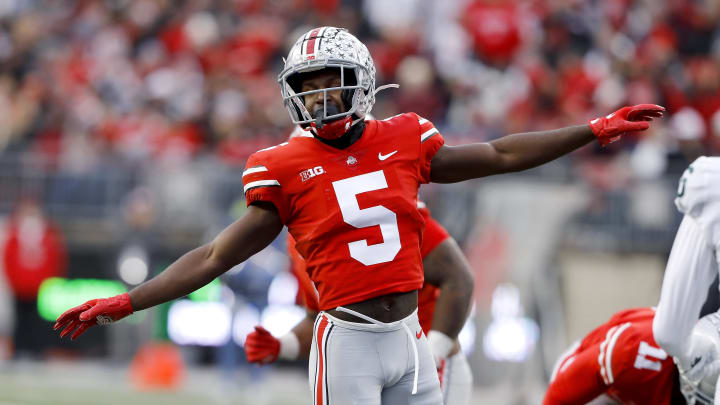 Nov 20, 2021; Columbus, Ohio, USA; Ohio State Buckeyes cornerback Marcus Williamson (5) celebrates Nov 20, 2021; Columbus, Ohio, USA; Ohio State Buckeyes cornerback Marcus Williamson (5) celebrates