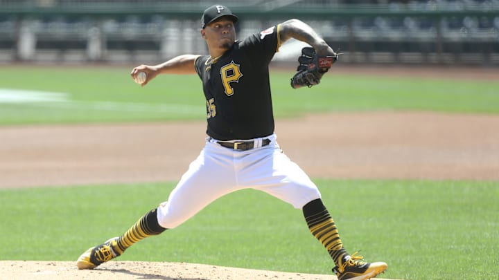 Aug 8, 2020; Pittsburgh, Pennsylvania, USA;  Injured Pittsburgh Pirates relief pitcher Keone Kela (35) throws off of the mound before the game against the Detroit Tigers at PNC Park. Mandatory Credit: Charles LeClaire-Imagn Images