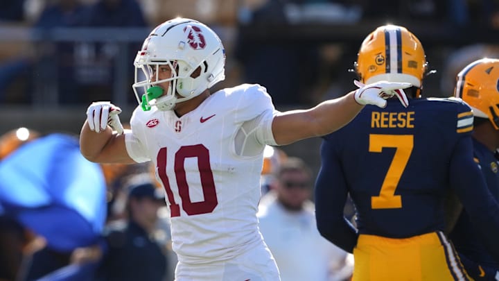 Stanford Cardinal wide receiver Emmett Mosley V (10) gestures after catching a pass against the California Golden Bears. Darren Yamashita-Imagn Images