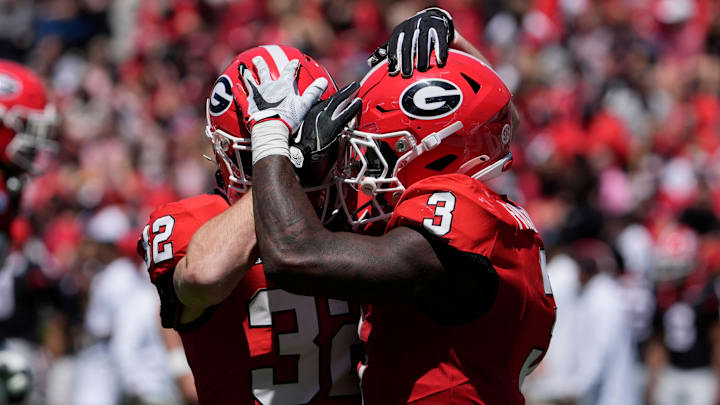 Georgia running back Nate Frazier (3) celebrates after scoring a touchdown during the Georgia G-Day spring football game in Athens, Ga., on Saturday, April 12, 2025.