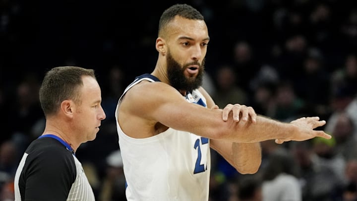 Minnesota Timberwolves center Rudy Gobert questions referee Josh Tiven on a call in the first quarter of the game with the Sacramento Kings at Target Center in Minneapolis on Feb. 3, 2025.