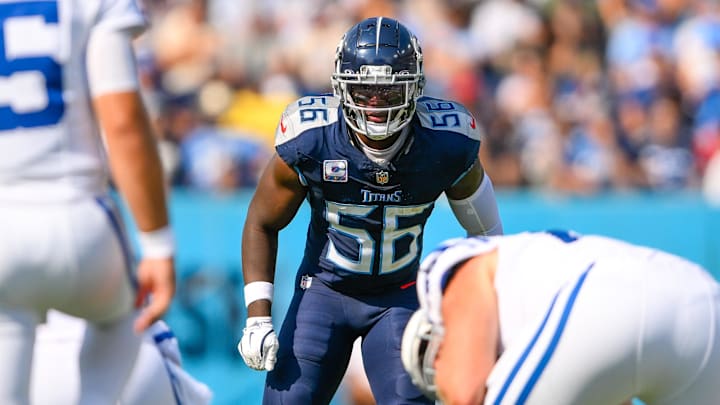 Oct 13, 2024; Nashville, Tennessee, USA;  Tennessee Titans linebacker Kenneth Murray Jr. (56) against the Indianapolis Colts during the second half at Nissan Stadium.