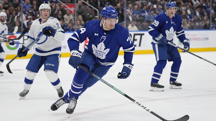 Apr 3, 2024; Toronto, Ontario, CAN; Toronto Maple Leafs forward Bobby McMann (74) skates against the Tampa Bay Lightning during the third period at Scotiabank Arena. Mandatory Credit: John E. Sokolowski-USA TODAY Sports