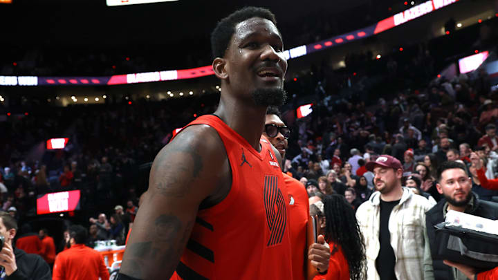 Feb 3, 2025; Portland, Oregon, USA;  Portland Trail Blazers center Deandre Ayton (2) reacts after helping secure a 121-119 overtime win against the Phoenix Suns at Moda Center. Mandatory Credit: Jaime Valdez-Imagn Images