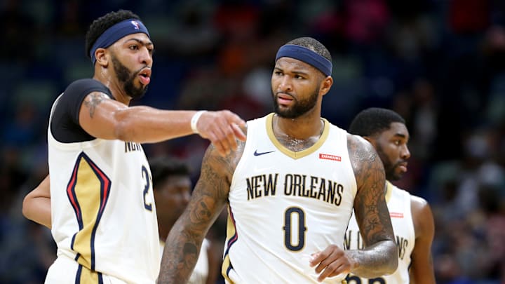 Nov 13, 2017; New Orleans, LA, USA; New Orleans Pelicans forward Anthony Davis (23) talks to center DeMarcus Cousins (0) in the second quarter against the Atlanta Hawks at the Smoothie King Center. Mandatory Credit: Chuck Cook-Imagn Images
