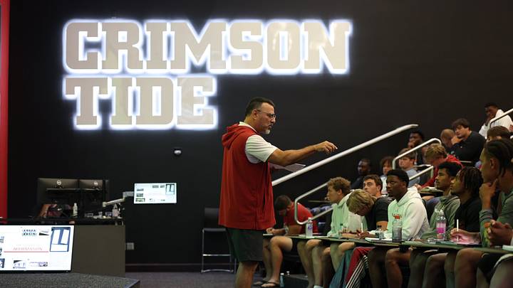 Alabama softball coach Patrick Murphy speaks to the Crimson Tide football team during fall camp Alabama softball coach Patrick Murphy speaks to the Crimson Tide football team during fall camp