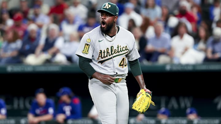 Apr 30, 2025; Arlington, Texas, USA; Oakland Athletics starting pitcher Luis Severino (40) reacts during the third inning against the Texas Rangers at Globe Life Field. Mandatory Credit: Kevin Jairaj-Imagn Images Apr 30, 2025; Arlington, Texas, USA; Oakland Athletics starting pitcher Luis Severino (40) reacts during the third inning against the Texas Rangers at Globe Life Field. Mandatory Credit: Kevin Jairaj-Imagn Images
