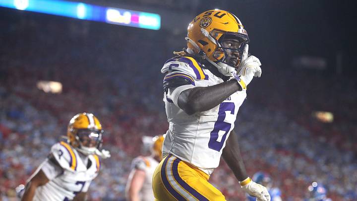 Sep 19, 2026; Oxford, Mississippi, USA; Louisiana State Tigers wide receiver Winston Watkins (6) celebrates scoring a touchdown against the Mississippi Rebels during the third quarter at Vaught-Hemingway Stadium. Mandatory Credit: Petre Thomas-Imagn Images Sep 19, 2026; Oxford, Mississippi, USA; Louisiana State Tigers wide receiver Winston Watkins (6) celebrates scoring a touchdown against the Mississippi Rebels during the third quarter at Vaught-Hemingway Stadium. Mandatory Credit: Petre Thomas-Imagn Images