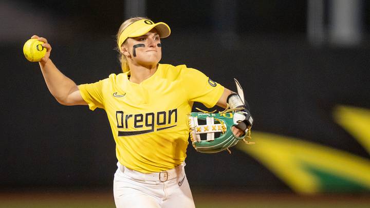 Oregon infielder Paige Sinicki throws to first for an out as the Oregon Ducks host the UCLA Bruins on April 18, 2025, at Jane Sanders Stadium in Eugene. Oregon infielder Paige Sinicki throws to first for an out as the Oregon Ducks host the UCLA Bruins on April 18, 2025, at Jane Sanders Stadium in Eugene.