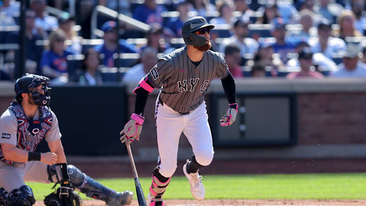 Jul 5, 2025; New York City, New York, USA; New York Mets left fielder Brandon Nimmo (9) follows through on a grand slam against the New York Yankees during the first inning at Citi Field. Mandatory Credit: Brad Penner-Imagn Images Jul 5, 2025; New York City, New York, USA; New York Mets left fielder Brandon Nimmo (9) follows through on a grand slam against the New York Yankees during the first inning at Citi Field. Mandatory Credit: Brad Penner-Imagn Images