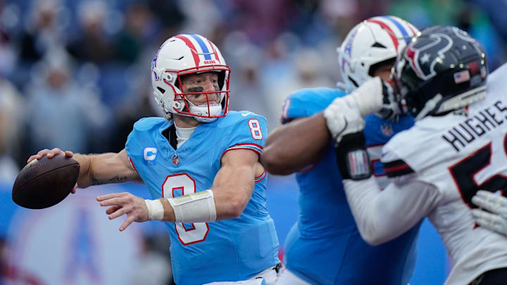 Tennessee Titans quarterback Will Levis (8) prepares to pass during the third quarter at Nissan Stadium in Nashville, Tenn., Sunday, Jan. 5, 2025.