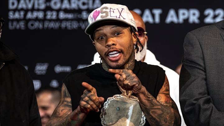 Gervonta "Tank" Davis addresses the media at the final press conference on April 20, 2023. Gervonta "Tank" Davis addresses the media at the final press conference on April 20, 2023.