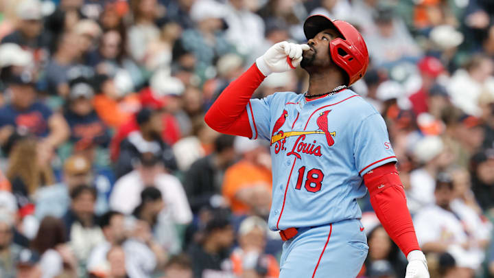 Apr 4, 2026; Detroit, Michigan, USA;  St. Louis Cardinals right fielder Jordan Walker (18) celebrates after he hits a grand slam in the fifth inning against the Detroit Tigers at Comerica Park. Mandatory Credit: Rick Osentoski-Imagn Images