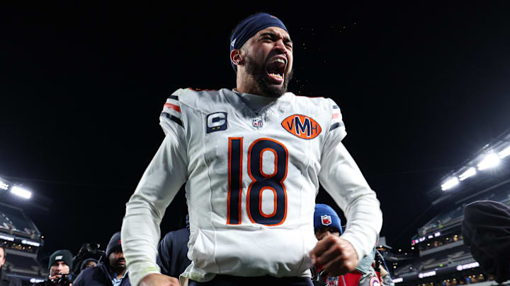 Nov 28, 2025; Philadelphia, Pennsylvania, USA; Chicago Bears quarterback Caleb Williams (18) reacts to a win against the Philadelphia Eagles at Lincoln Financial Field. Mandatory Credit: Bill Streicher-Imagn Images