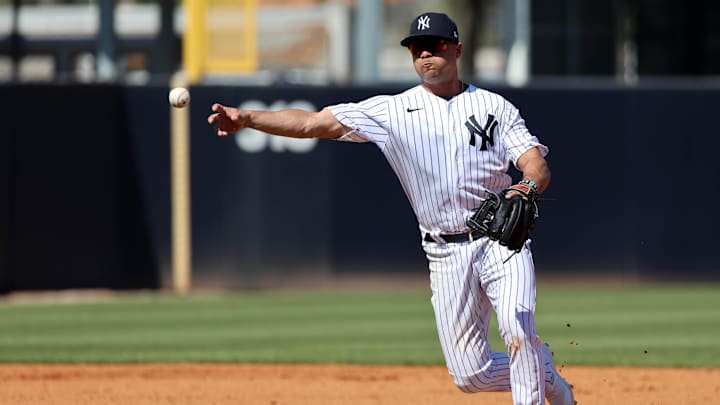 Mar 1, 2023; Tampa, Florida, USA;  New York Yankees shortstop Isiah Kiner-Falefa (12) throws the