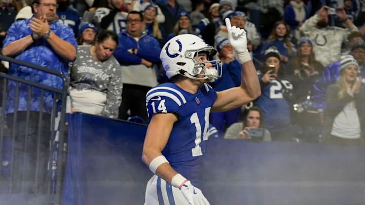 Indianapolis Colts wide receiver Alec Pierce (14) takes the field Sunday, Jan. 5, 2025, before a game against the Jacksonville Jaguars at Lucas Oil Stadium in Indianapolis.