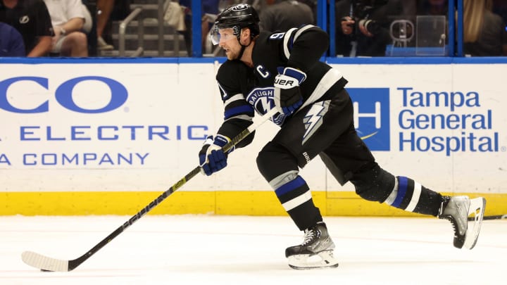 Apr 17, 2024; Tampa, Florida, USA; Tampa Bay Lightning center Steven Stamkos (91) skates with the puck against the Toronto Maple Leafs during the second period at Amalie Arena. Mandatory Credit: Kim Klement Neitzel-USA TODAY Sports Apr 17, 2024; Tampa, Florida, USA; Tampa Bay Lightning center Steven Stamkos (91) skates with the puck against the Toronto Maple Leafs during the second period at Amalie Arena. Mandatory Credit: Kim Klement Neitzel-USA TODAY Sports
