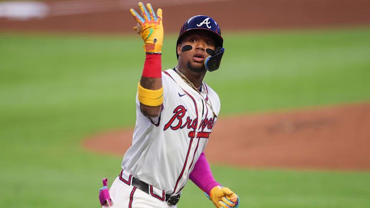 Sep 22, 2025; Atlanta, Georgia, USA; Atlanta Braves right fielder Ronald Acuna Jr. (13) celebrates after a home run against the Washington Nationals in the first inning at Truist Park. Mandatory Credit: Brett Davis-Imagn Images
