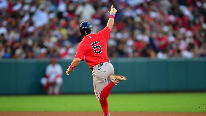 Jul 3, 2026; Anaheim, California, USA; Boston Red Sox third baseman Caleb Durbin (5) runs the bases after hitting a solo home run against the Los Angeles Angels during the fifth inning at Angel Stadium. Mandatory Credit: Gary A. Vasquez-Imagn Images