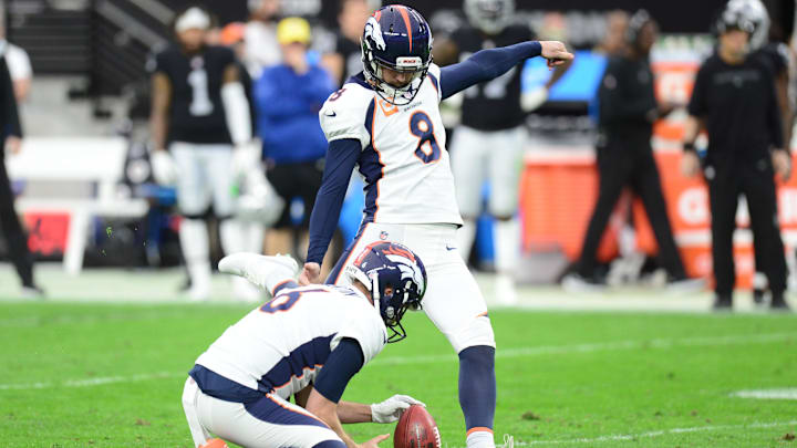 Dec 26, 2021; Paradise, Nevada, USA; Denver Broncos kicker Brandon McManus (8) kicks a field goal