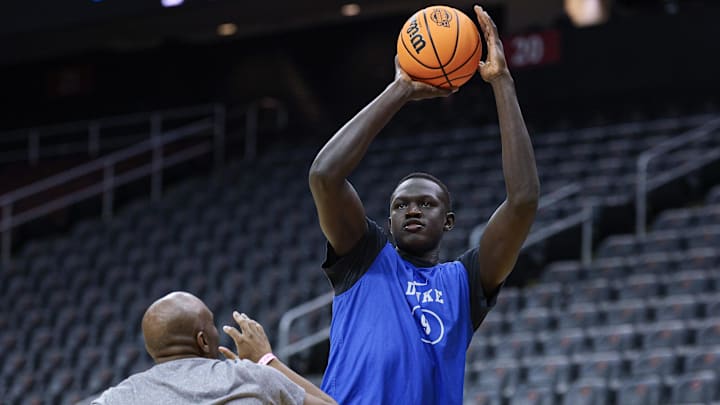 Mar 26, 2025; Newark, NJ, USA; Duke Blue Devils center Khaman Maluach (9) during a practice session in preparation for an East Regional semifinal game against the Arizona Wildcats at Prudential Center. Mandatory Credit: Vincent Carchietta-Imagn Images Mar 26, 2025; Newark, NJ, USA; Duke Blue Devils center Khaman Maluach (9) during a practice session in preparation for an East Regional semifinal game against the Arizona Wildcats at Prudential Center. Mandatory Credit: Vincent Carchietta-Imagn Images