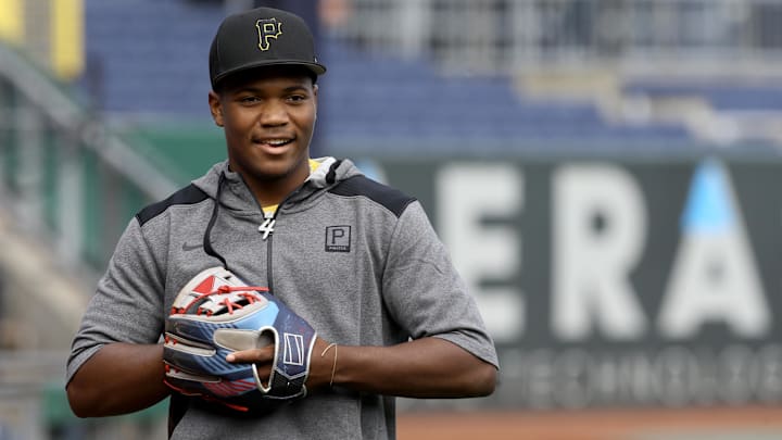 Pittsburgh Pirates first-round pick Termarr Johnson and fourth overall player drafted in the 2022 MLB Draft on the field before the Pirates host the Philadelphia Phillies at PNC Park. 