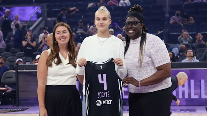 Aug 17, 2025; San Francisco, California, USA;  Golden State Valkyries president Jess Smith, 2025 number one draft pick (5th overall) Juste Jocyte, and general manager Ohemaa Nyanin pose during a jersey presentation before the Atlanta Dream game at Chase Center. Mandatory Credit: David Gonzales-Imagn