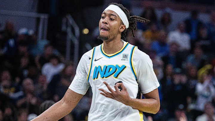 Nov 24, 2024; Indianapolis, Indiana, USA; Indiana Pacers center Moses Brown (3) celebrates a made basket in the second half against the Washington Wizards at Gainbridge Fieldhouse. Mandatory Credit: Trevor Ruszkowski-Imagn Images