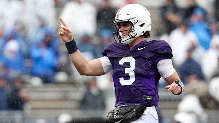 Penn State Nittany Lions quarterback Rocco Becht reacts during the Blue-White Spring Practice t Beaver Stadium.