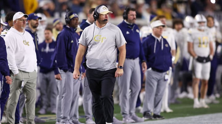 Nov 21, 2024; Atlanta, Georgia, USA; Georgia Tech Yellow Jackets head coach Brent Key on the sideline against the North Carolina State Wolfpack in the fourth quarter at Bobby Dodd Stadium at Hyundai Field. Mandatory Credit: Brett Davis-Imagn Images
Nov 21, 2024; Atlanta, Georgia, USA; Georgia Tech Yellow Jackets head coach Brent Key on the sideline against the North Carolina State Wolfpack in the fourth quarter at Bobby Dodd Stadium at Hyundai Field. Mandatory Credit: Brett Davis-Imagn Images