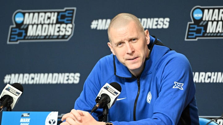Mar 20, 2024; Omaha, NE, USA;  Brigham Young Cougars head coach Mark Pope talks with the media