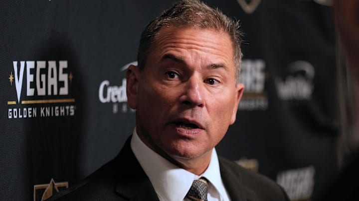 Nov 20, 2024; Toronto, Ontario, CAN; Vegas Golden Knights head coach Bruce Cassidy during a post game media conference after a loss to the Toronto Maple Leafs at Scotiabank Arena. Mandatory Credit: John E. Sokolowski-Imagn Images Nov 20, 2024; Toronto, Ontario, CAN; Vegas Golden Knights head coach Bruce Cassidy during a post game media conference after a loss to the Toronto Maple Leafs at Scotiabank Arena. Mandatory Credit: John E. Sokolowski-Imagn Images