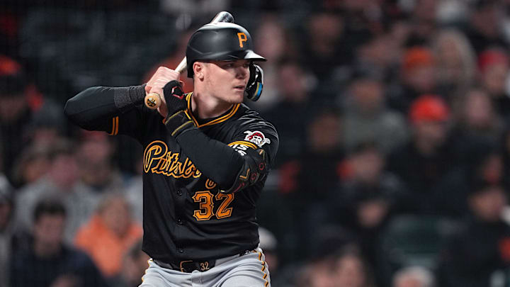 Apr 26, 2024; San Francisco, California, USA; Pittsburgh Pirates catcher Henry Davis (32) bats against the San Francisco Giants during the seventh inning at Oracle Park. Mandatory Credit: Darren Yamashita-Imagn Images