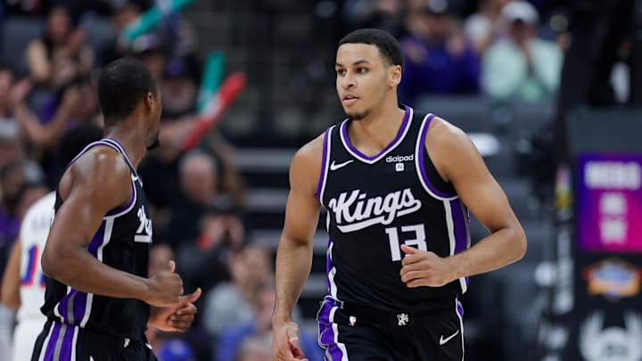 Mar 25, 2024; Sacramento, California, USA; Sacramento Kings forward Keegan Murray (13) runs up the court after scoring a basket during the first quarter against the Philadelphia 76ers at Golden 1 Center. Mandatory Credit: Sergio Estrada-Imagn Images