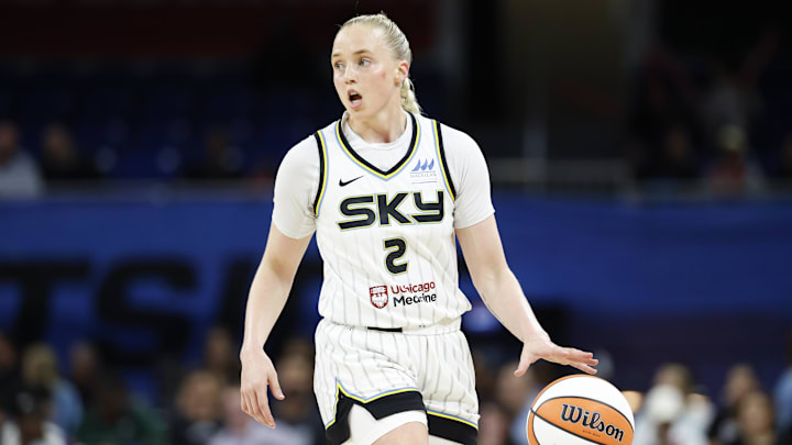 Chicago Sky guard Hailey Van Lith (2) brings the ball up court against the Seattle Storm during the first half at Wintrust Arena. Chicago Sky guard Hailey Van Lith (2) brings the ball up court against the Seattle Storm during the first half at Wintrust Arena.