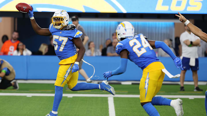 Oct 16, 2023; Inglewood, California, USA;  Los Angeles Chargers linebacker Amen Ogbongbemiga (57)