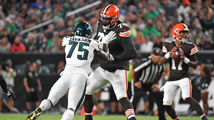 Aug 17, 2023; Philadelphia, Pennsylvania, USA; Cleveland Browns offensive tackle Dawand Jones (74) blocks Philadelphia Eagles defensive end Tarron Jackson (75) at Lincoln Financial Field.