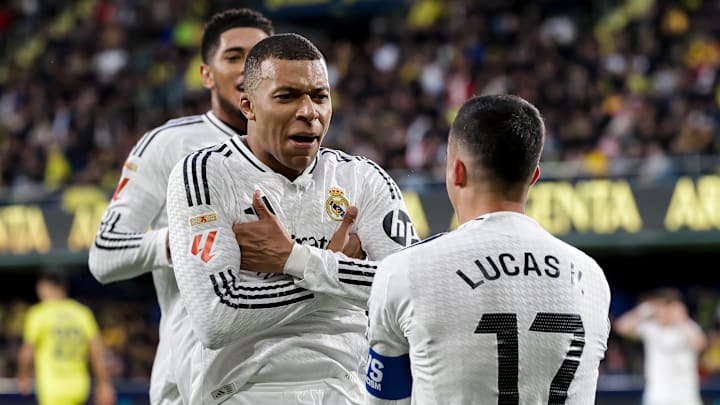 Real Madrid (Jude Bellingham, Kylian Mbappe and Lucas Vaqzuez pictured) travel to London to face Arsenal in the UEFA Champions League quarterfinals. Real Madrid (Jude Bellingham, Kylian Mbappe and Lucas Vaqzuez pictured) travel to London to face Arsenal in the UEFA Champions League quarterfinals.