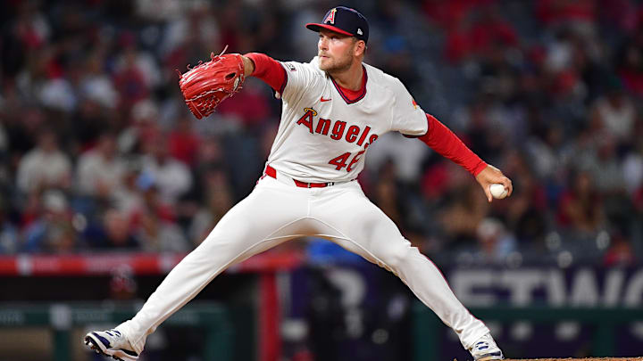 Jul 7, 2025; Anaheim, California, USA; Los Angeles Angels pitcher Reid Detmers (48) throws against the Texas Rangers during the seventh inning at Angel Stadium. Mandatory Credit: Gary A. Vasquez-Imagn Images