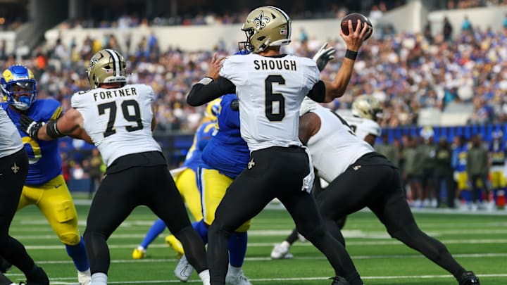 Nov 2, 2025; Inglewood, California, USA; New Orleans Saints quarterback Tyler Shough (6) throws downfield against the Los Angeles Rams during the first half at SoFi Stadium. Mandatory Credit: Kiyoshi Mio-Imagn Images