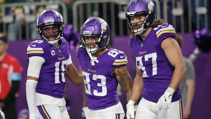 Minnesota Vikings wide receiver Jalen Nailor (83) celebrates scoring a touchdown with teammates against the Green Bay Packers Sunday, Dec. 29, 2024, at U.S. Bank Stadium in Minneapolis. Minnesota Vikings wide receiver Jalen Nailor (83) celebrates scoring a touchdown with teammates against the Green Bay Packers Sunday, Dec. 29, 2024, at U.S. Bank Stadium in Minneapolis.