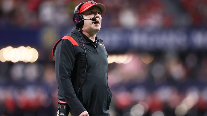 Dec 3, 2022; Atlanta, GA, USA; Georgia Bulldogs head coach Kirby Smart looks on during the second quarter against the LSU Tigers at Mercedes-Benz Stadium. Mandatory Credit: Brett Davis-Imagn Images