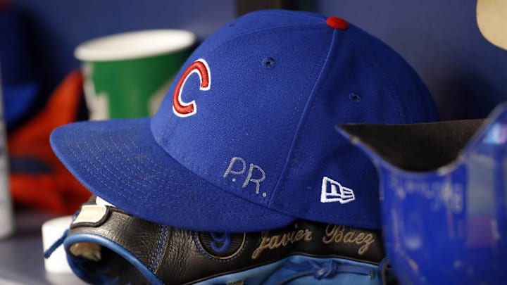 Sep 20, 2017; St. Petersburg, FL, USA; A detailed view of Chicago Cubs third baseman Javier Baez (9) (not pictured) hat and glove with the initials P.R. for his home country Puerto Rico against the Tampa Bay Rays at Tropicana Field. Sep 20, 2017; St. Petersburg, FL, USA; A detailed view of Chicago Cubs third baseman Javier Baez (9) (not pictured) hat and glove with the initials P.R. for his home country Puerto Rico against the Tampa Bay Rays at Tropicana Field.