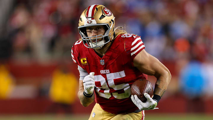 Dec 30, 2024; Santa Clara, California, USA; San Francisco 49ers tight end George Kittle (85) during the game against the Detroit Lions at Levi's Stadium. Mandatory Credit: Sergio Estrada-Imagn Images