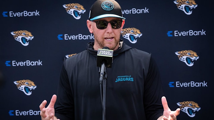 Jacksonville Jaguars head coach Liam Coen answers questions during a press conference after the seventh organized team activity at the Miller Electric Center in Jacksonville, Fla. Monday, June 2, 2025. [Doug Engle/Florida Times-Union]