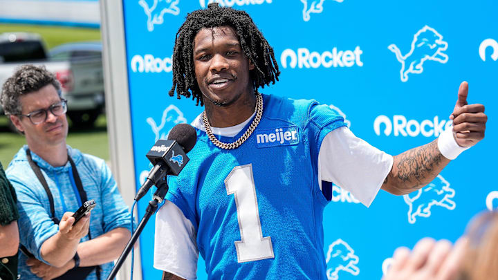 Detroit Lions wide receiver Jameson Williams answers a question after practice during OTAs at Meijer Performance Center in Allen Park on Friday, May 30, 2025. Detroit Lions wide receiver Jameson Williams answers a question after practice during OTAs at Meijer Performance Center in Allen Park on Friday, May 30, 2025.
