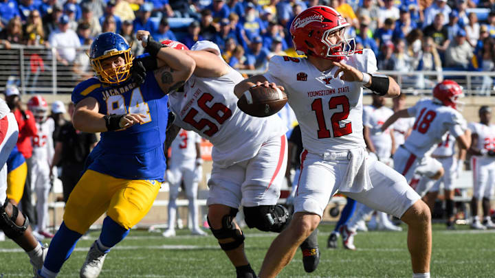 Youngstown State Penguins quarterback Beau Brungard (12) passes the ball to a teammate on Saturday, Oct. 12, 2024, at Dana J. Dykhouse Stadium in Brookings. Youngstown State Penguins quarterback Beau Brungard (12) passes the ball to a teammate on Saturday, Oct. 12, 2024, at Dana J. Dykhouse Stadium in Brookings.