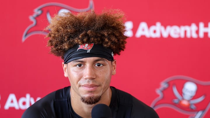Tampa Bay Buccaneers cornerback Zyon McCollum (27) talks to media after training camp at AdventHealth Training Center. 