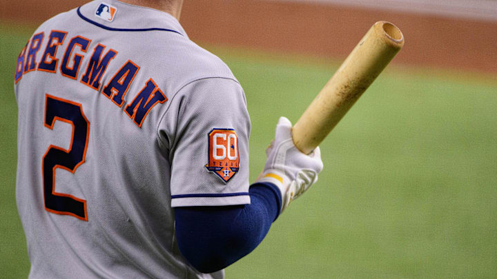 Jun 14, 2022; Arlington, Texas, USA; A view of the Houston Astros logo on the uniform of Astros third baseman Alex Bregman (2) during the game between the Texas Rangers and the Houston Astros at Globe Life Field. Mandatory Credit: Jerome Miron-Imagn Images